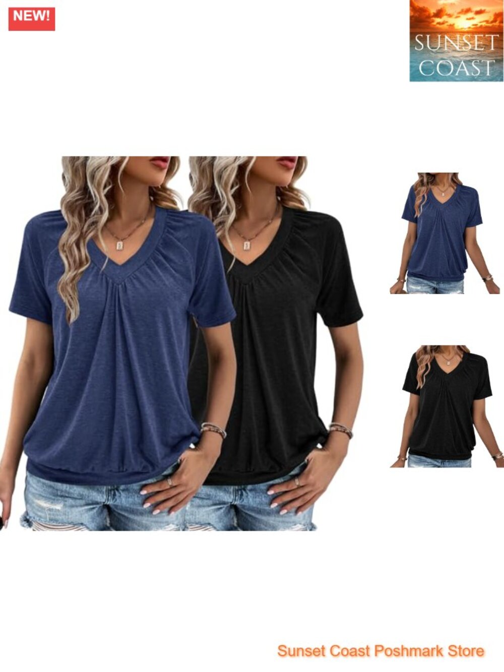 Women's 2 Pack V Neck Short Sleeve Ruched Casual Tops Relaxed Fit T Shirts